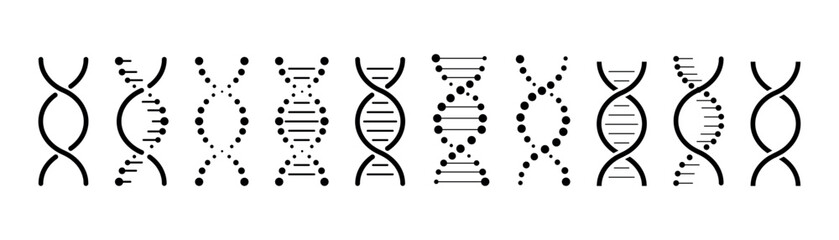 Set of DNA icons. Life gene model bio code genetics molecule medical symbols. Structure molecule, chromosome icon. Vector set of elements DNA