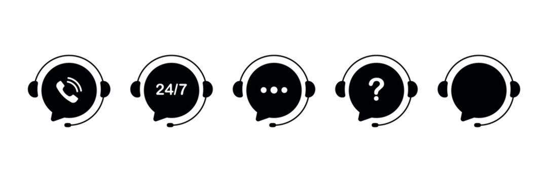 Customer support service. Online support service with headphones. Headphones with microphone and chat speech bubble. Hotline support service. Call center symbols. Vector illustration
