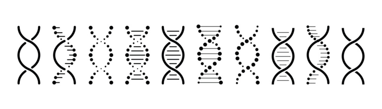 Set of DNA icons. Life gene model bio code genetics molecule medical symbols. Structure molecule, chromosome icon. Vector set of elements DNA
