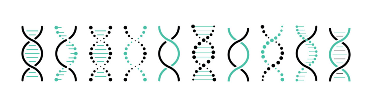 Set of DNA icons. Life gene model bio code genetics molecule medical symbols. Structure molecule, chromosome icon. Vector set of elements DNA