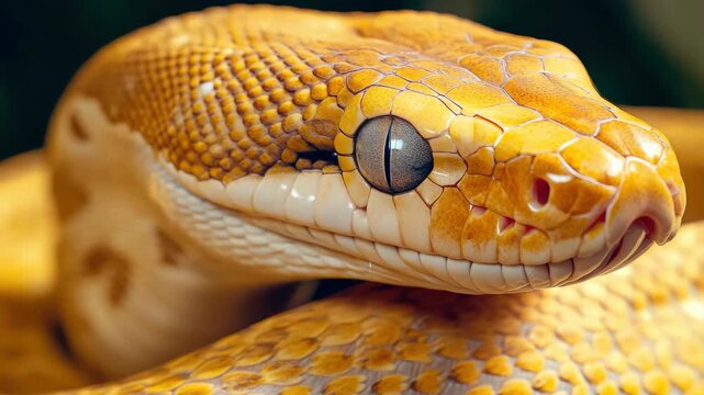 Ball python snake in enclosure with patterned scales and black eyes.