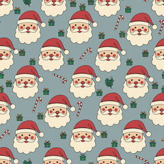Christmas Santa Claus Vector. Seamless Gift And Candy Cane Pattern with Cute Santa Faces. Merry Christmas  Holiday seamless pattern Background.