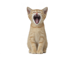 Yawning orange tabby cat sitting with mouth open, isolated on transparency background, showing relaxed and sleepy expression, adorable pet animal, perfect for playful and cute concepts