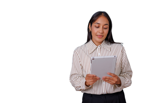 Professional businesswoman smiling while holding tablet, working with data and new technology, transparent background
