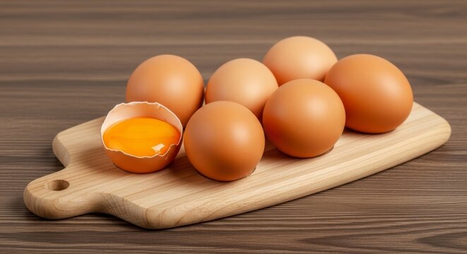 Egg Culinary Symphony: A close-up shot captures an array of fresh, brown eggs, one artfully cracked to reveal the golden yolk, presented on a wooden board against a backdrop of rich wood texture. - Powered by Adobe