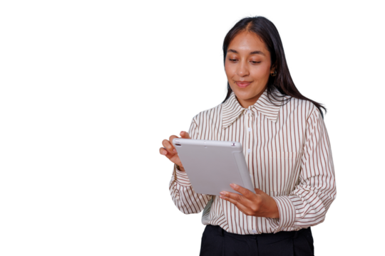 Professional woman smiling, interacting with digital tablet representing modern business technology and communication on transparent background