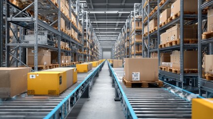 A large warehouse filled with shelves of cardboard boxes. Conveyor belts transport packages down the aisle, showcasing efficient logistics during daytime work.