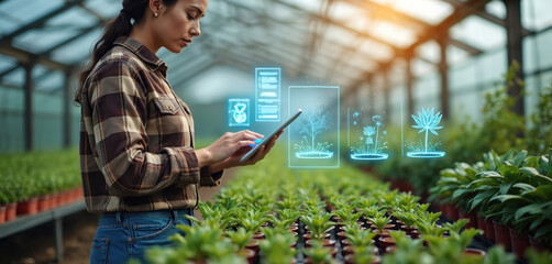 Farmer woman uses tablet in greenhouse. Analyses holographic data about plant growth. Female holds touch pad, researching plants. Modern agriculture farm innovation, smart solutions for farming