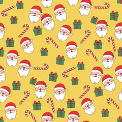 Christmas Santa Claus Vector. Seamless Gift And Candy Cane Pattern with Cute Santa Faces. Merry Christmas  Holiday seamless pattern Background.