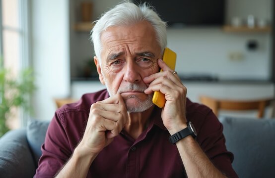 Elderly man talks on phone with worried expression at home. Senior male holds yellow smartphone to ear, frowning. Feels stressed, concerned, listening to important call, possibly bad news scam,