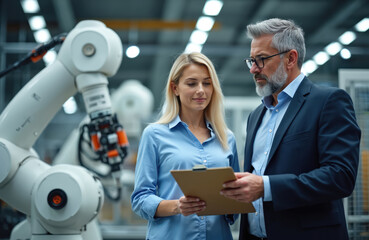 Woman and man in factory discuss plans on clipboard near robotic arm. They are in modern manufacturing plant, assessing production process. Teamwork in high tech industrial facility.