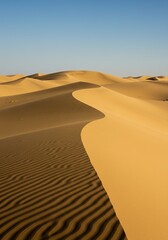 Sweeping golden dunes stretch endlessly under a clear sky, forming gentle undulations across a vast, unbroken natural landscape ,immense ,endless ,horizon