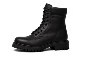 Black leather combat boot with lug sole and laces, casual footwear style for fashion and work, transparent background