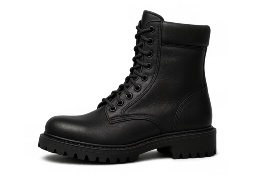 Black leather combat boot with lug sole and laces, casual footwear style for fashion and work, transparent background