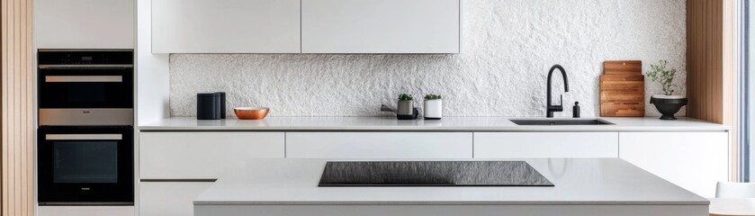 Obraz premium Minimalist White Kitchen with Stone Backsplash and Island Cooktop, kitchen design, home decor