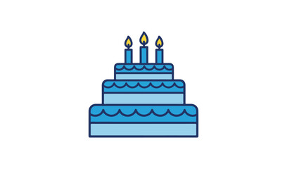 Three tier blue birthday cake with lit candles