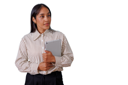 Confident businesswoman holding tablet, looking away for inspiration, thinking new ideas on transparent background