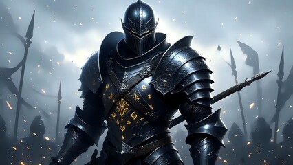 Naklejka premium Dark Fantasy Hrorned Knight in Black and Gold Armor