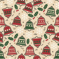 Christmas Bells Pattern Vector. Seamless Traditional Winter Pattern Background with Bells, Holly Leaves, and Snowflakes.