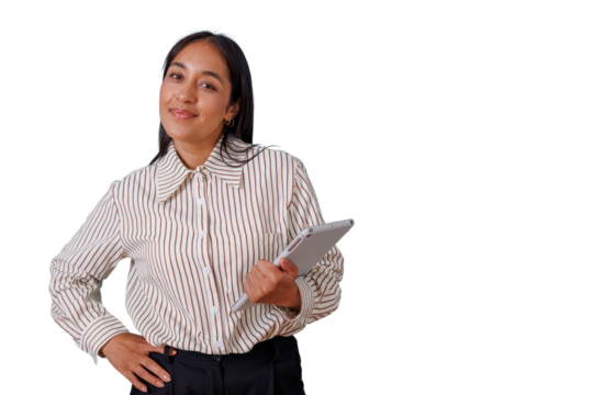 Confident indian businesswoman holding digital tablet, smiling and looking at camera, representing innovation and success on transparent background