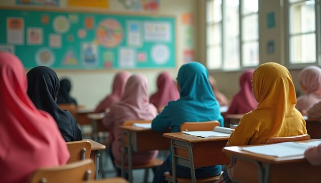 Diverse group of Muslim students in colorful hijabs learn at desks in a bright classroom. Children pay attention to lesson with books and notebooks on tables in a school setting.