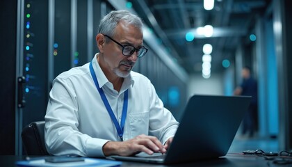 Experienced IT specialist works on laptop in modern server room. He manages computer systems and ensures network security. Another man walks in background.