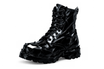 Black combat boot featuring geometric faceted design, shiny modern avant-garde footwear with lacing, transparent background