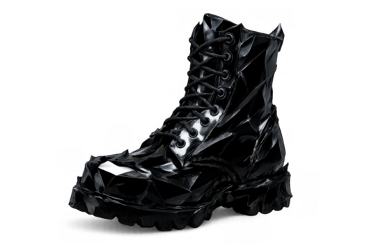 Black combat boot featuring geometric faceted design, shiny modern avant-garde footwear with lacing, transparent background