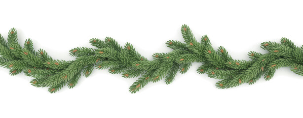 Green pine twigs in a Christmas garland isolated on transparent background
