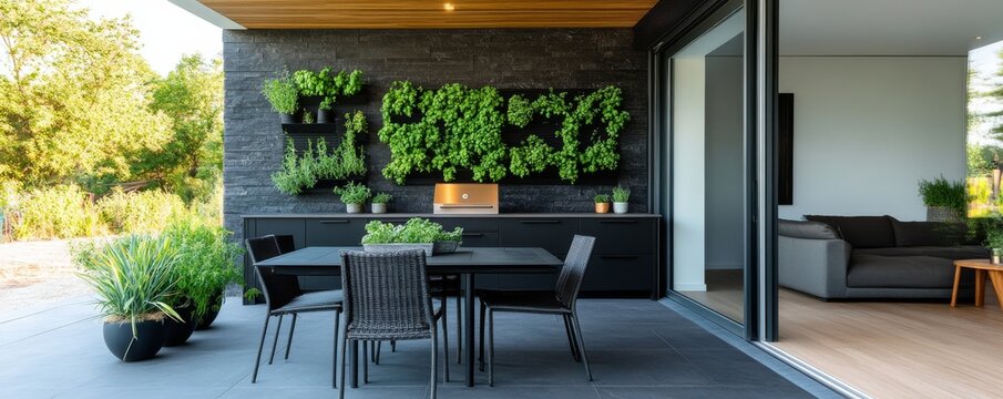 Modern Outdoor Dining Area with Living Wall and Black Accents, Architecture , Interior Design - Powered by Adobe