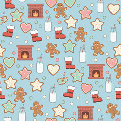 Christmas Treat Pattern Vector. Seamless Christmas Cookie Pattern with Milk. Merry Christmas Sweet Seamless Pattern Background.