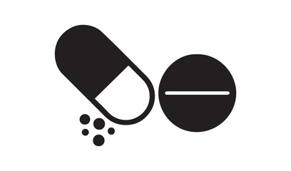 Black and white icon of a capsule and a pill with powder