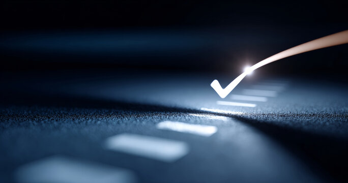 Close-up of illuminated checkmark on textured surface with glowing light trail in dark environment symbolizing completion and success