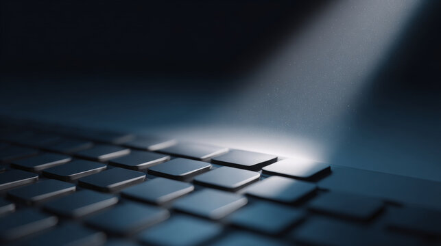 Close-up of a laptop keyboard illuminated by a focused beam of light in a dark environment with dust particles visible in the light