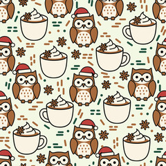 Christmas Owl Pattern Vector. Seamless Animal Pattern Background with Owl, Hot Chocolate Mug and Star Anise. for packaging, print paper, and fabric