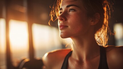 Fototapeta premium A young woman stands in the gym, looking serene as sunlight streams through the windows. She appears deep in thought, reflecting on her fitness journey and goals.