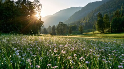 Soft sunlight breaks through the mountains, illuminating a lush meadow filled with blooming flowers and glistening dew in the early morning.
