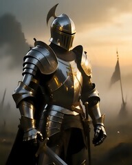 Fototapeta premium Powerful Medieval Knight if Full Shining Armor Standing on a Battlefield, Digital Illustration