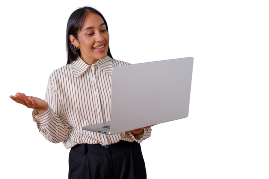 Businesswoman presenting with laptop, giving engaging virtual presentation, online meeting, transparent background