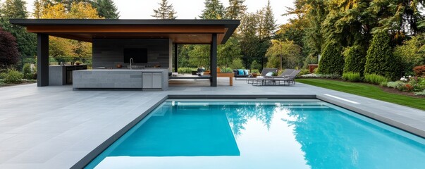 Modern Outdoor Oasis Pool, Kitchen and Lounge Area, Backyard , Landscaping