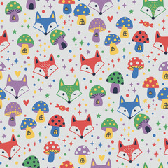 Christmas Fox Pattern Vector. Seamless Forest Pattern Background with Fox, Mushroom, and Star.