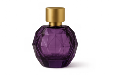 Faceted purple perfume bottle with gold cap on a transparent background, representing luxury fragrance and beauty