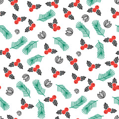 Winter Christmas Pattern Vector. Seamless Pattern Festive Background with Berries and Pine Leaves. Holiday Decoration Seasonal Print Fabric Wrapping Paper.