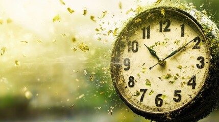 Antique clock exploding in a dramatic burst of time and motion