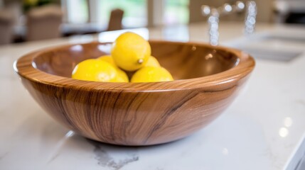 Wooden bowl with fresh lemons on marble kitchen countertop