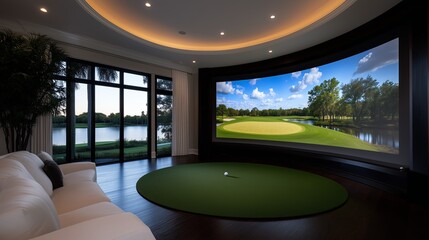 Indoor golf simulator setup in modern lounge with scenic screen view