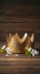 Symbolic representation of Easter triumph showing a golden crown and spring blossoms on a wooden background ,gold ,golden ,easter