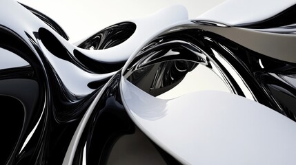 Abstract black and white fluid shapes with curved surfaces and dynamic flow