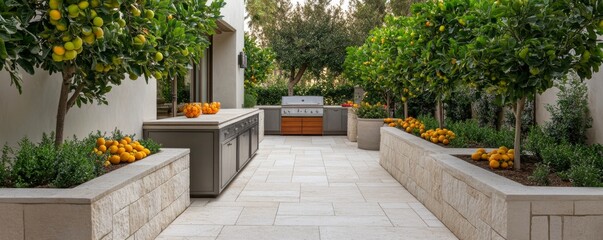 Outdoor Kitchen and Orchard Modern Design with Fruit Trees, backyard , grill