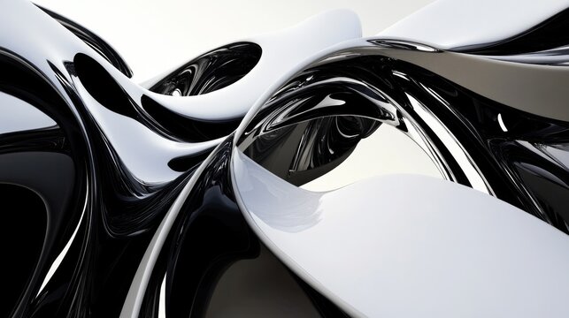 Abstract black and white fluid shapes with curved surfaces and dynamic flow